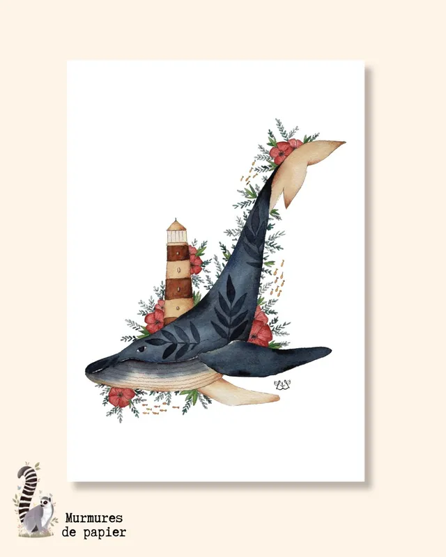 murmures-de-papier-affiche-baleine-fleurie-carte-postale-france image 1